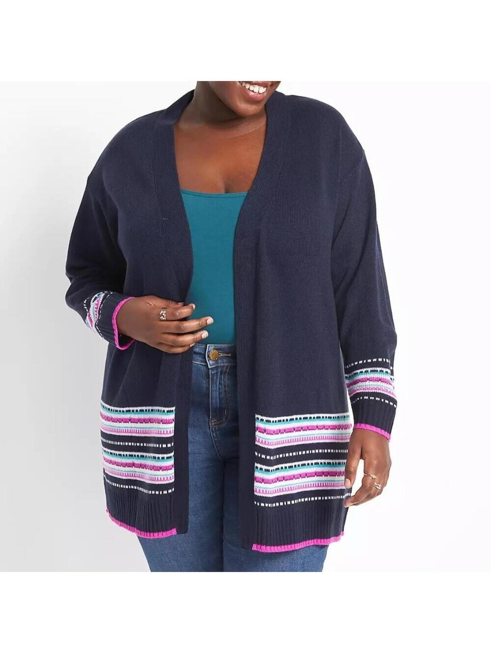 Lane Bryant Fair Isle Open Front Duster Cardigan Sweater Navy Pink NWT 14 16 NEW
